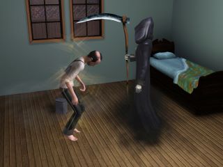 An unlucky sim being revived by the grim reaper.